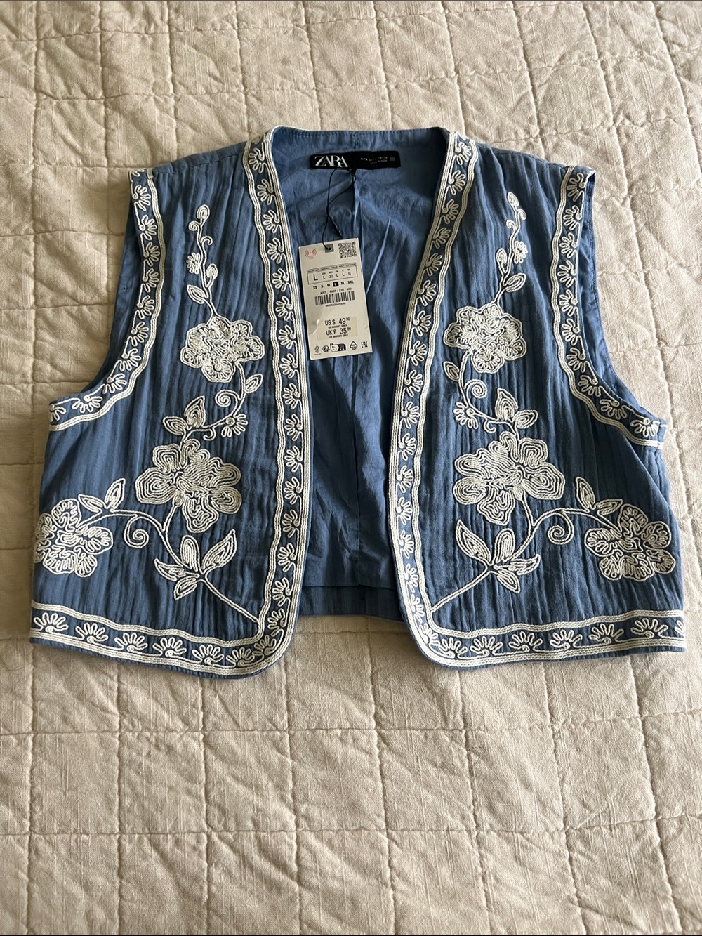 Zara Blue Embroidered Floral Vest